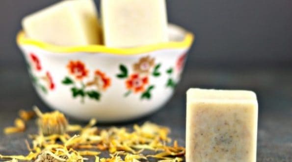 Calendula lotion bars in a bowl.