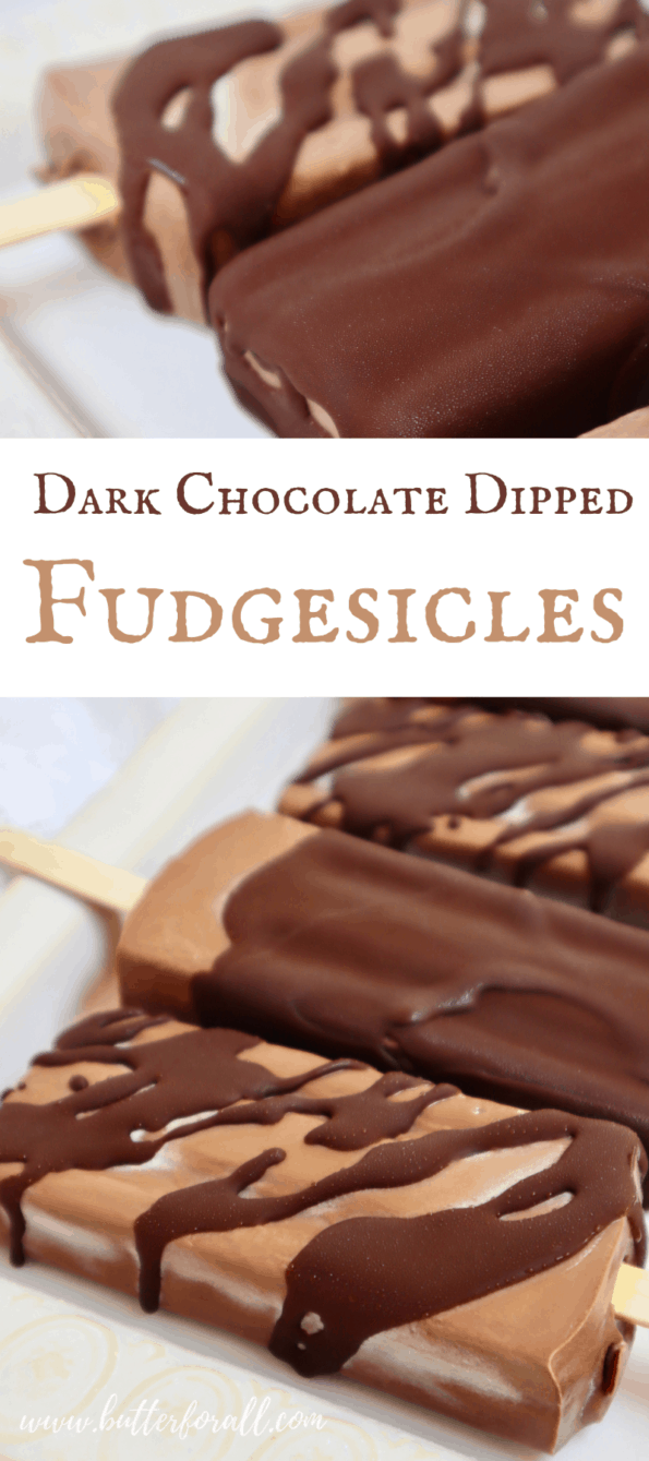 Dark chocolate dipped fudgesicles collage for Pinterest.