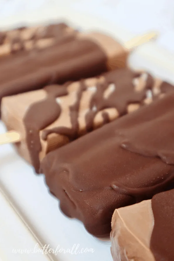 A plate of frosty dark chocolate dipped fudgesicles. 