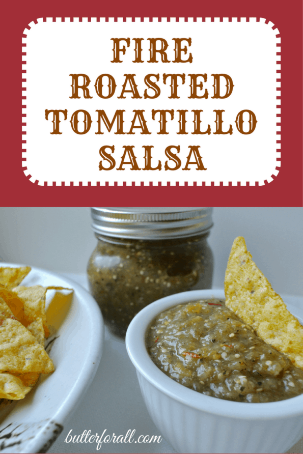 Fresh fire-roasted tomatillo salsa and tortilla chips with text.