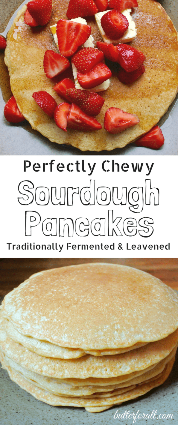 Perfectly chewy sourdough pancakes with text overlay.