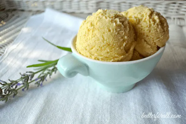 A dish of raw honey lavender ice cream.