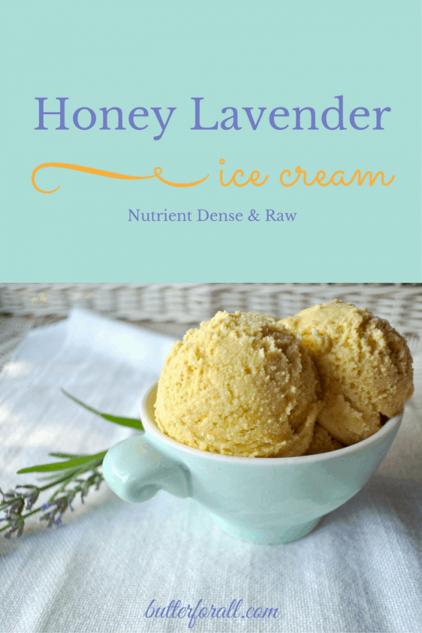 A bowl of honey lavender ice cream with text overlay.