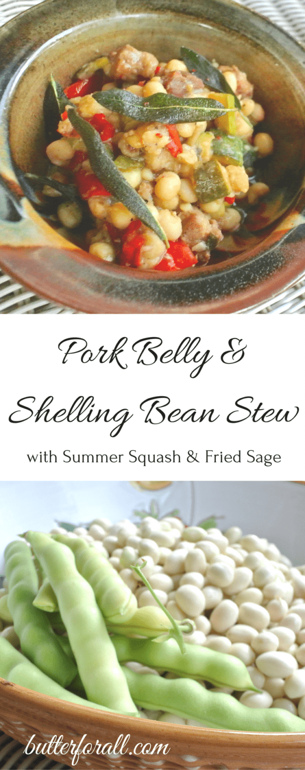Collage of pork belly and shelling bean stew, fresh ingredients, and text.