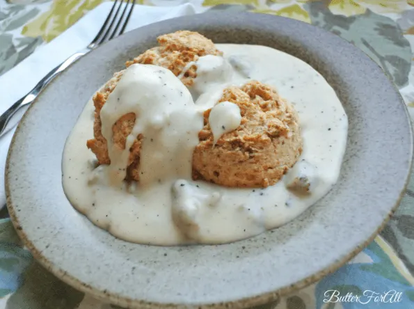 A bowl of biscuits and gravy.