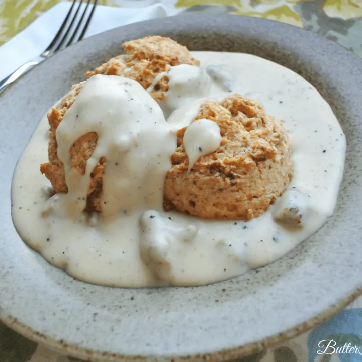Biscuits smothered in homemade sausage gravy.