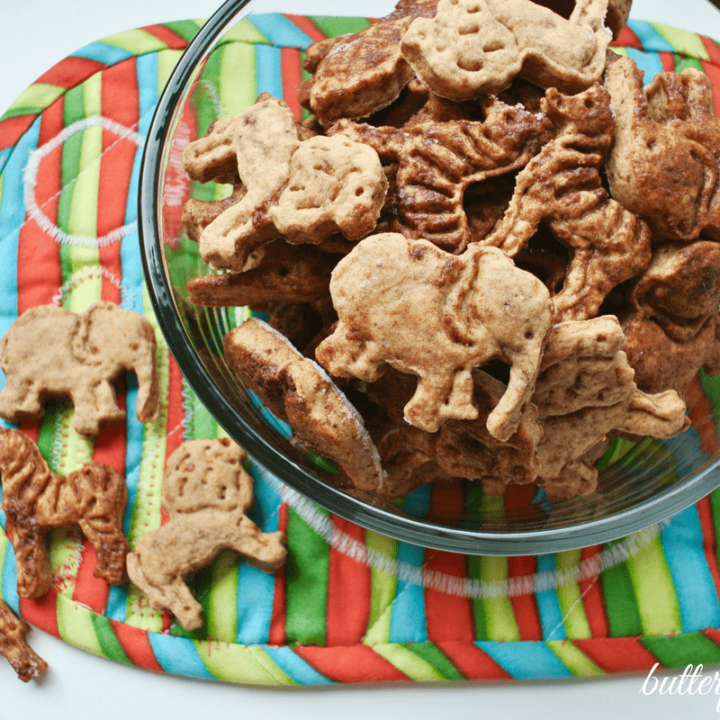 Bowl of homemade, cinnamon topped animal cookies.