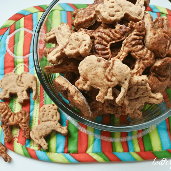 Bowl of homemade, cinnamon topped animal cookies.