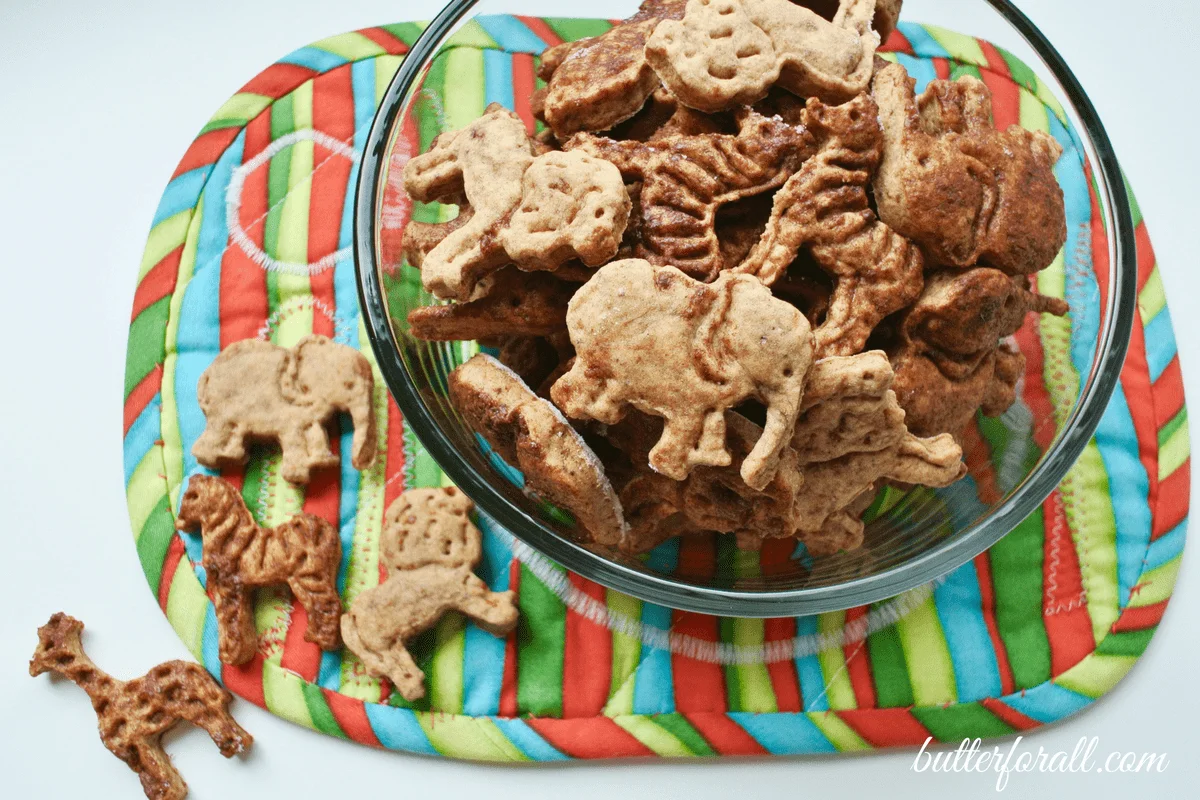 Bowl of homemade, cinnamon topped animal cookies.