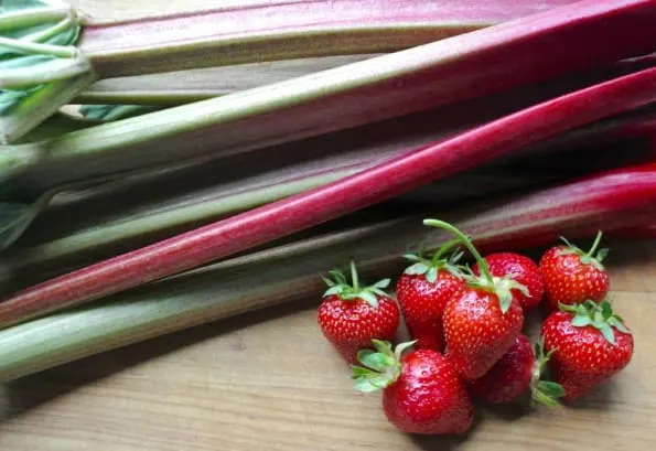 Farm-fresh strawberries and rhubarb.