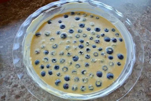 Clafoutis batter poured over fresh blueberries in a greased pie plate.