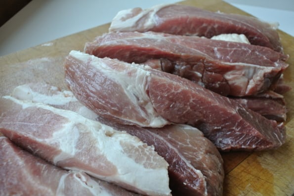 Strips of pork ready to process.