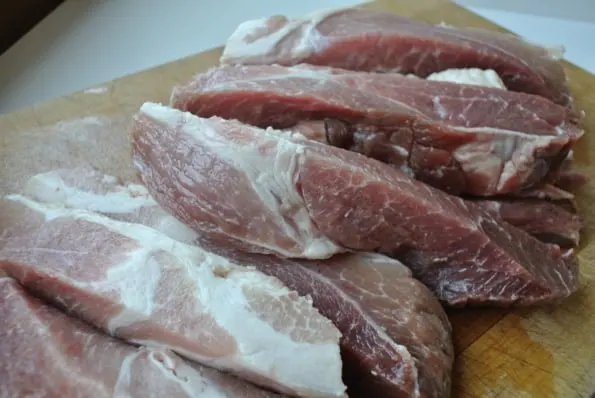 Strips of pork ready to process.