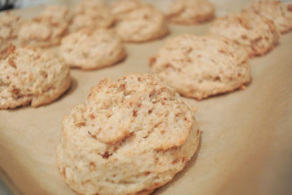 A sheet of baked coconut oil drop biscuits.