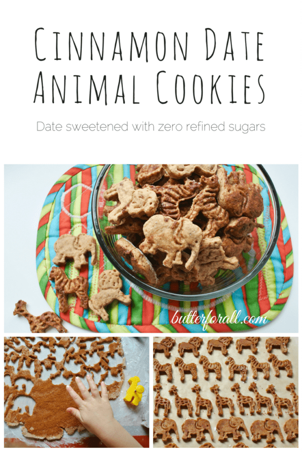 Collage of cinnamon date animal cookies with text.