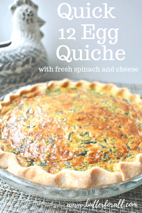 A baked quiche with text overlay.