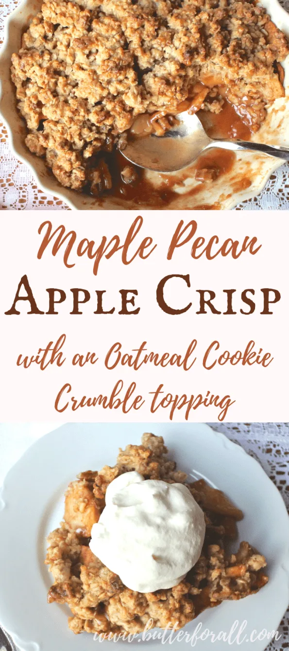 Maple pecan apple crisp collage with text overlay.