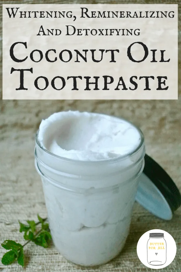 A jar of organic peppermint coconut oil toothpaste with text overlay.