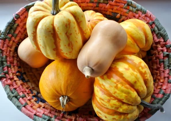 A basket of different varieties of winter squash.