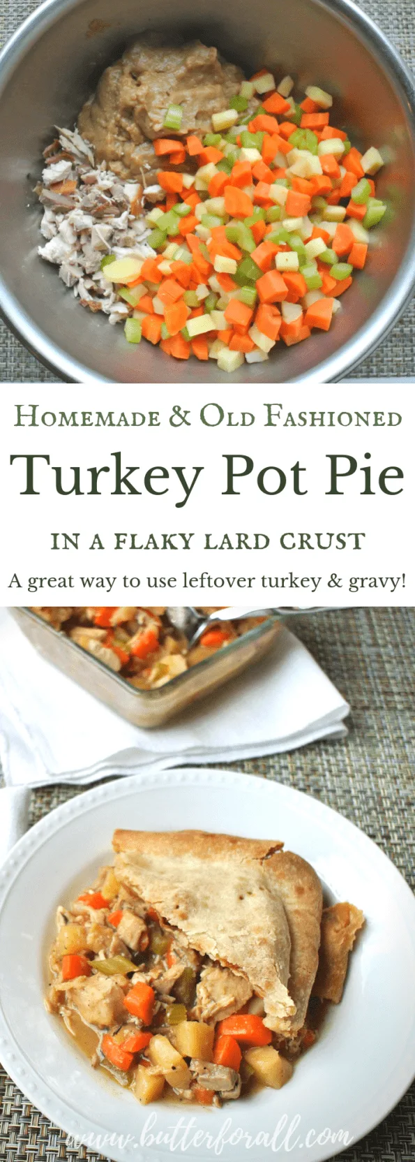 Homemade turkey pot pie collage with text overlay.