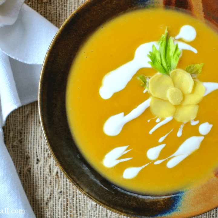 A warm and spicy bowl of Winter Squash And Ginger soup.