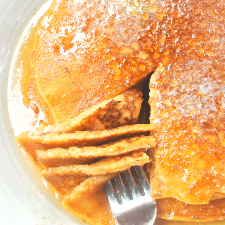 A beautiful stack of Sweet Potato Sourdough Pancakes