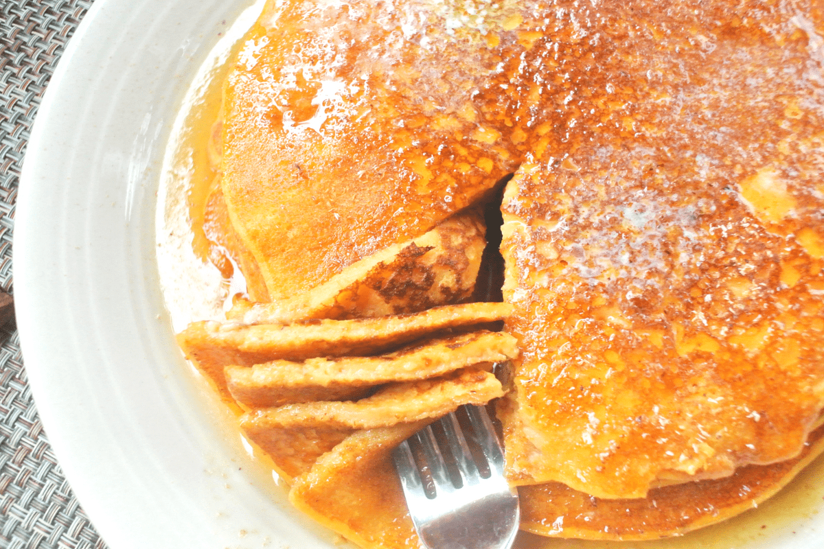 A beautiful stack of Sweet Potato Sourdough Pancakes