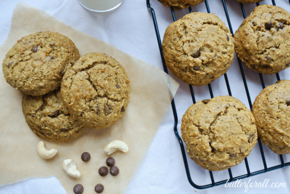 A pile of chocolate chip cashew cookies.