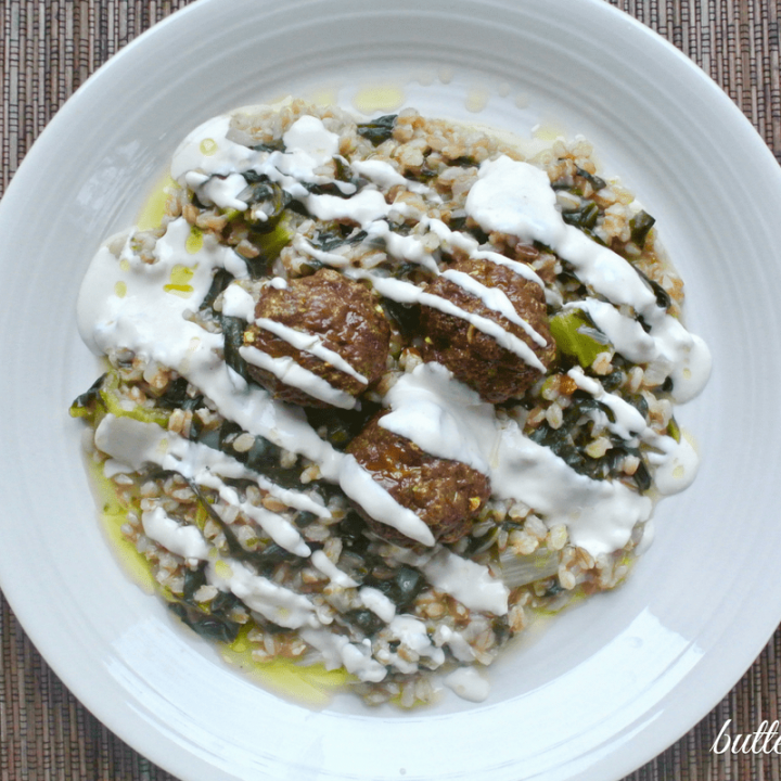 Curried Lamb Meatballs With Soaked Farro Pilaf and Raw Tahini