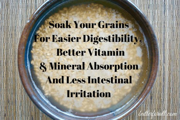 A bowl of farro soaking in water and whey with text overlay explaining why to soak grains.