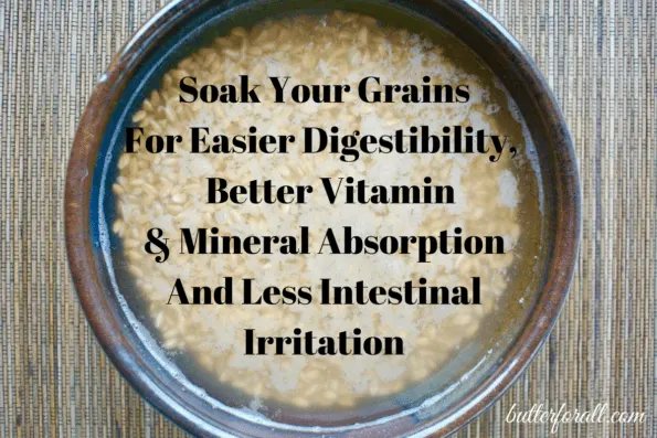 A bowl of farro soaking in water and whey with text overlay explaining why to soak grains.