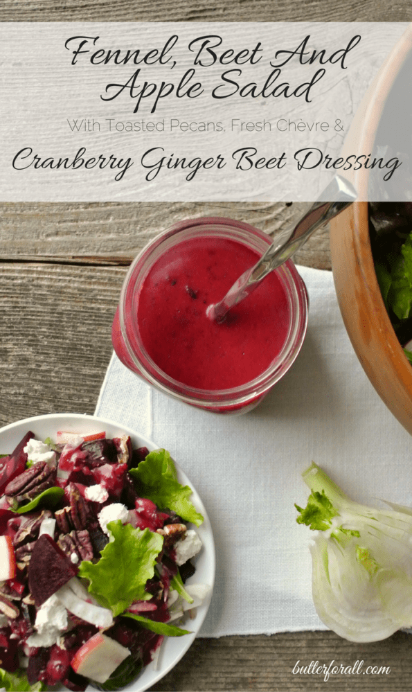 Fennel beet and apple salad with ginger beet dressing with text overlay.