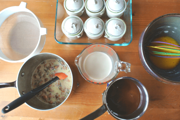 Ingredients for petit chocolate rose pots de crème on the counter.