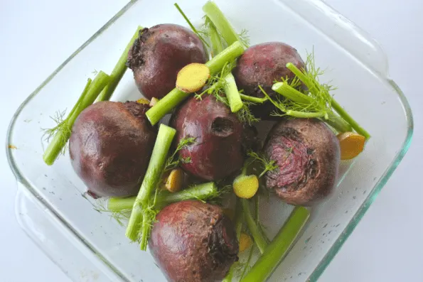 Beets and fennel in a glass dish.