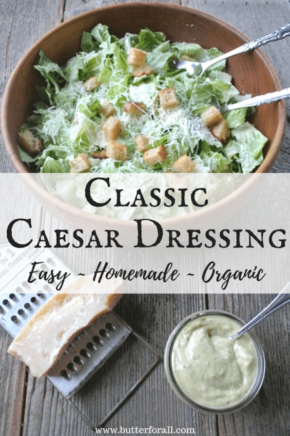 A big bowl of Ceasar salad with text overlay.