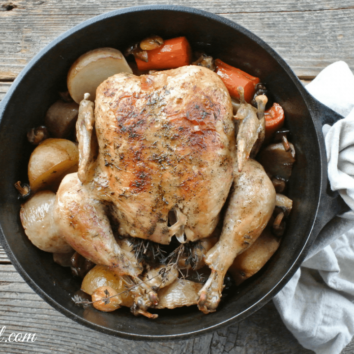 Dutch Oven Whole Chicken With Root Vegetables And Mushrooms