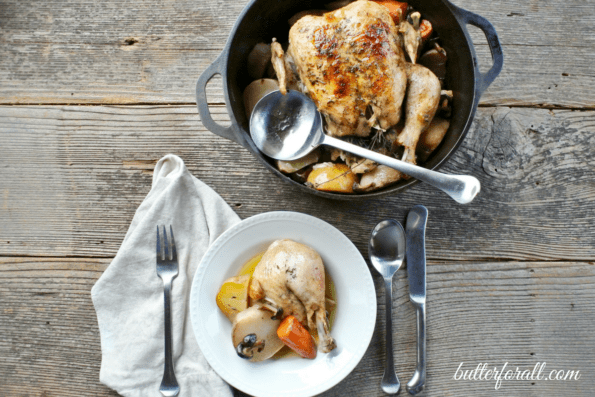 Dutch oven roasted chicken and a plate of chicken and veggies.