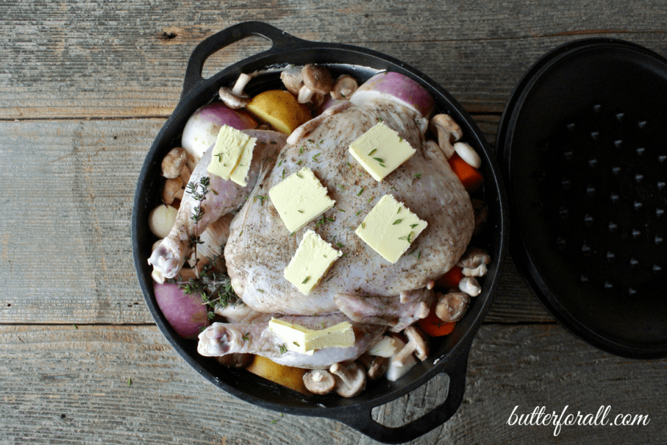 Dutch Oven Whole Chicken With Root Vegetables and Mushrooms • Butter For All