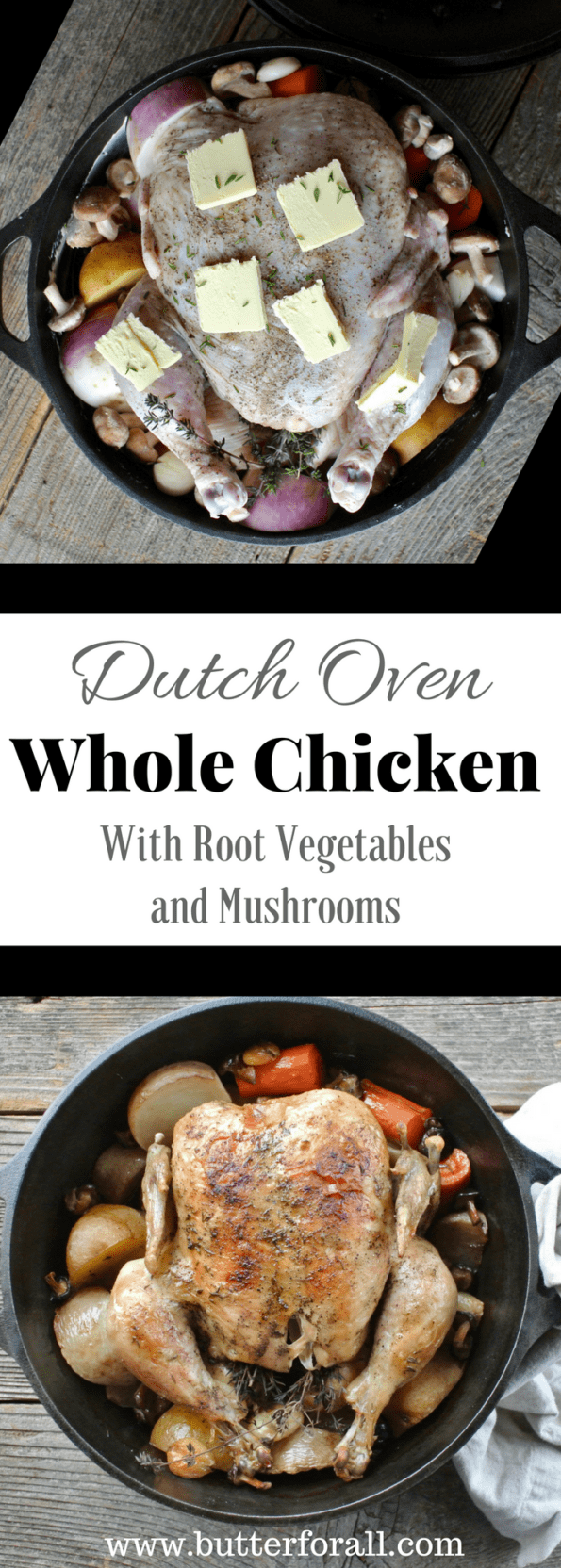 Dutch oven roasted chicken with seasonal vegetables collage with text overlay.