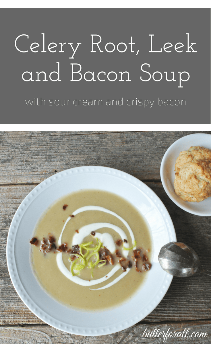Celery Root, Leek, and Bacon Soup Garnished With Sour Cream and Crispy