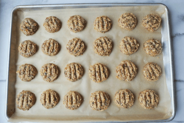 Cookies ready to bake on a sheet.