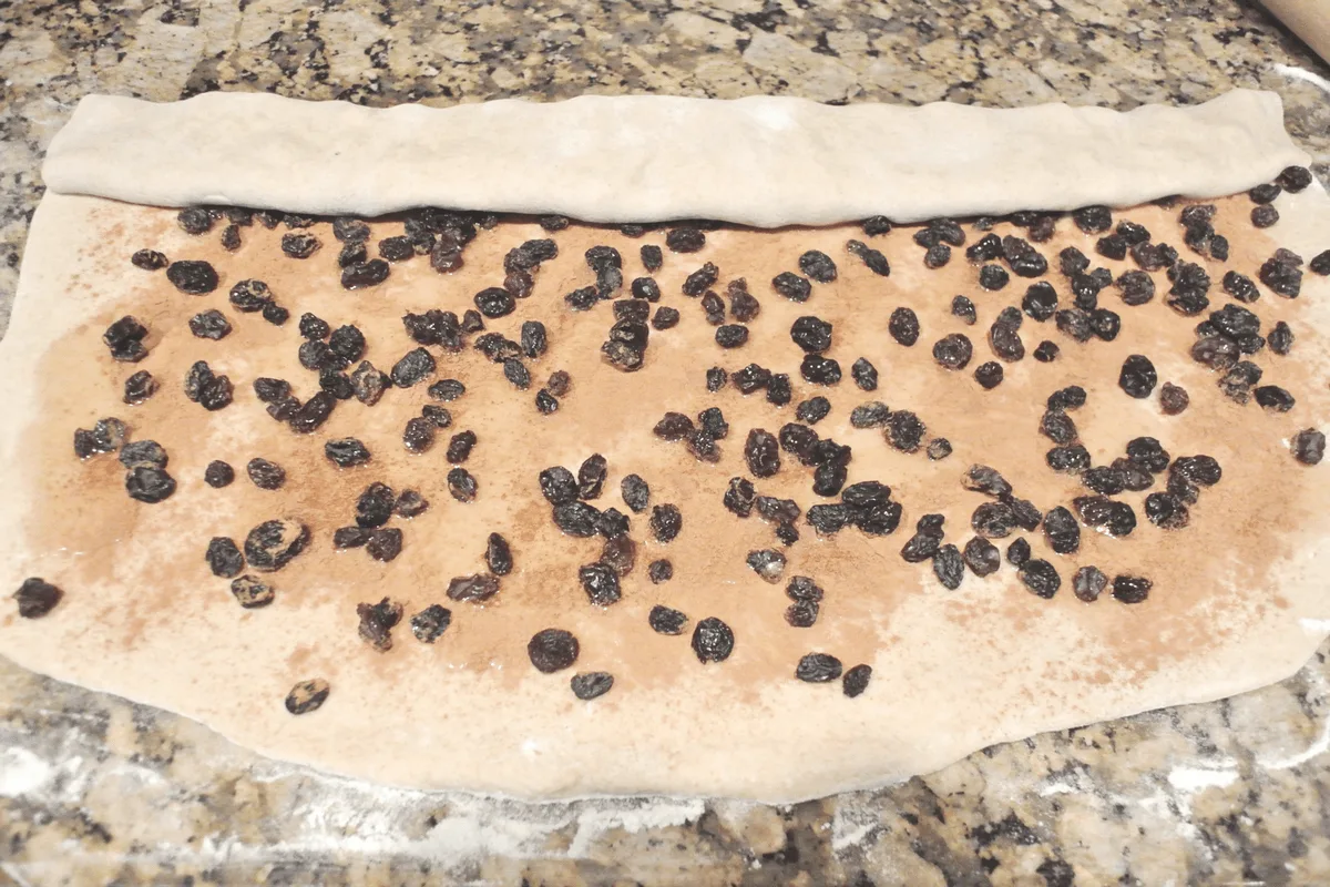 Sourdough dough rolled out on the counter and sprinkled with raisins..