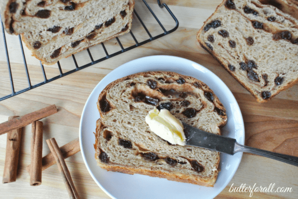 A slice of cinnamon raisin sourdough bread on a plate.