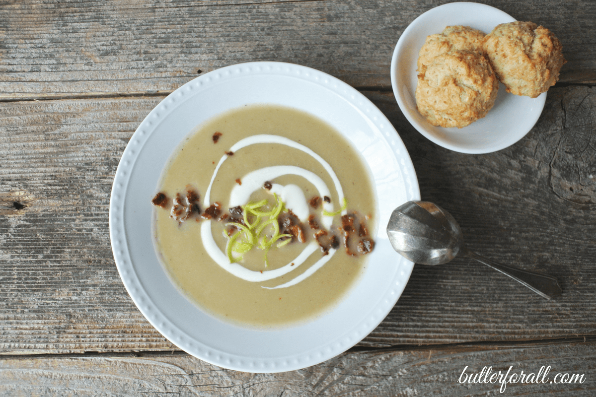 Celery Root, Leek And Bacon Soup With Sour Cream And Crispy Bacon