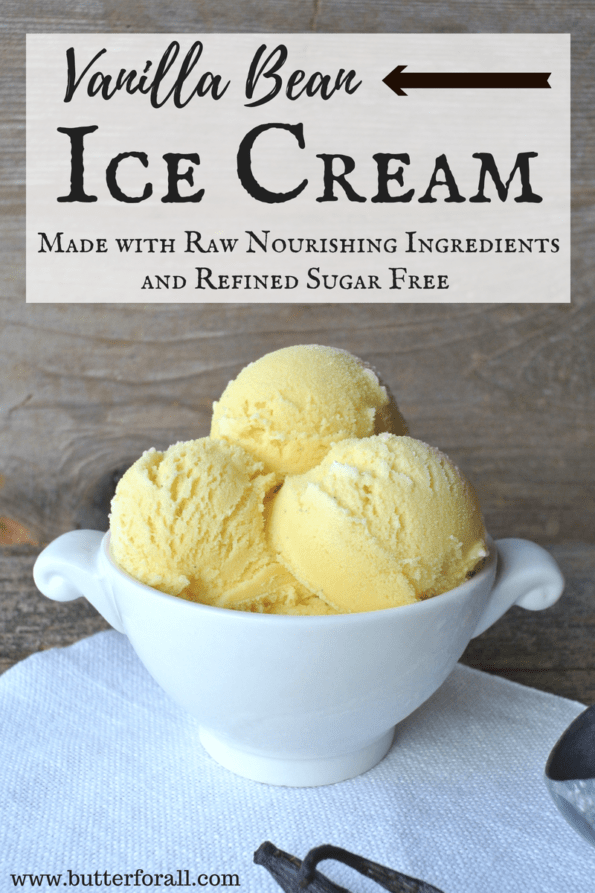 A bowl of three scoops of vanilla ice cream with text overlay.