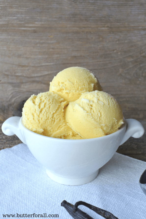 A bowl of three scoops of vanilla ice cream.