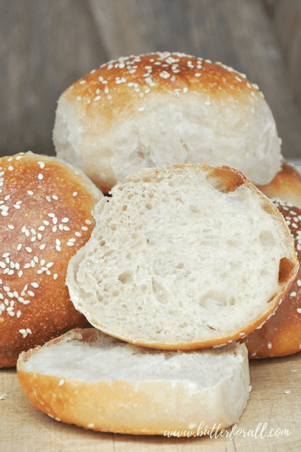 A close-up of sliced burger buns.