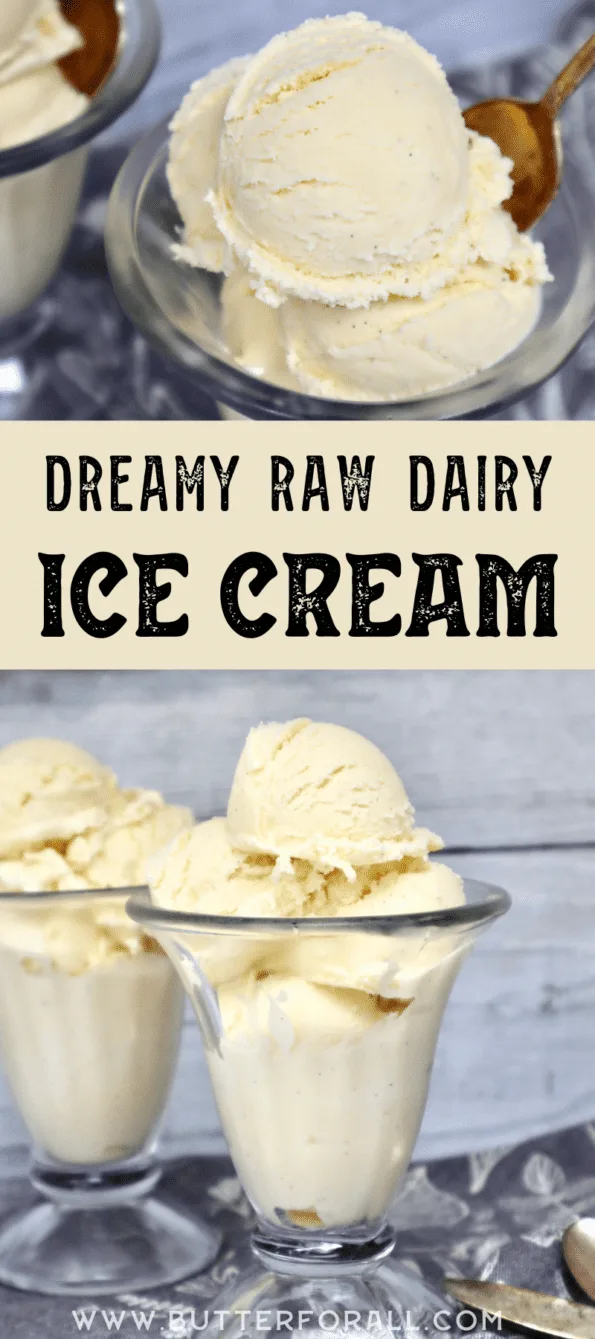 Ice cream scoops in a sundae glass with text overlay.