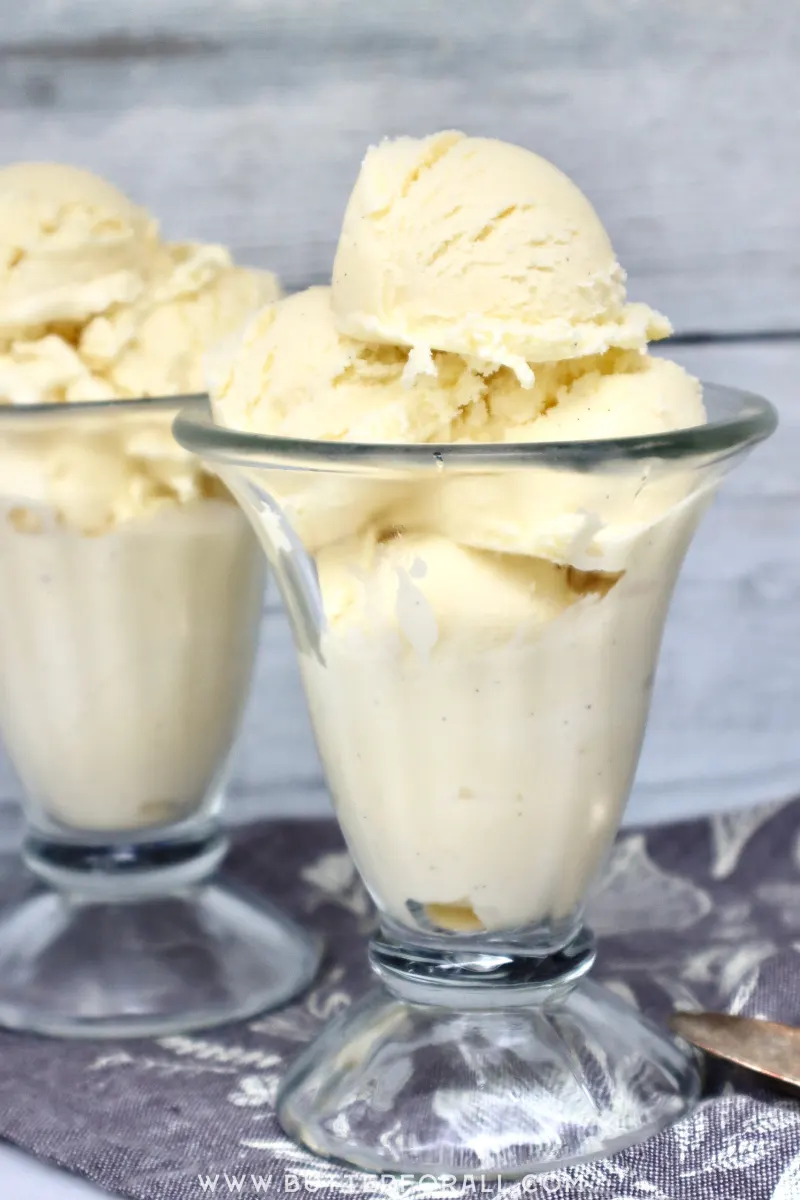 Scoops of cream colored raw ice cream fill two sundae glasses.