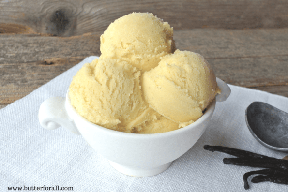 A bowl of raw vanilla bean ice cream.